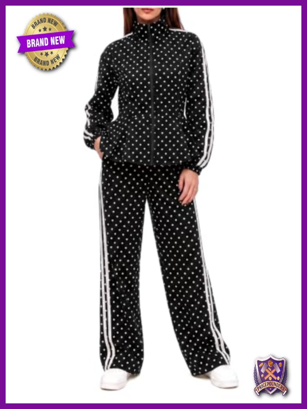 Women 2 Piece Outfit Polka Dot Ruffle Zip Jacket Wide Leg Pant Set